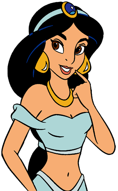 Princess Jasmine from Disney's Aladdin, wearing her iconic blue outfit and gold jewelry, smiling thoughtfully with hand on chin.