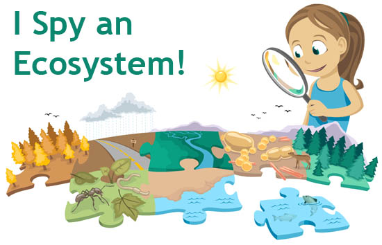 A child with a magnifying glass explores a colorful ecosystem puzzle featuring forests, rivers, animals, and weather elements.