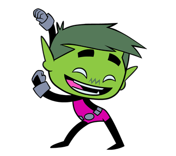 Beast Boy from Teen Titans Go! dancing joyfully with green skin, spiky hair, and a pink top.