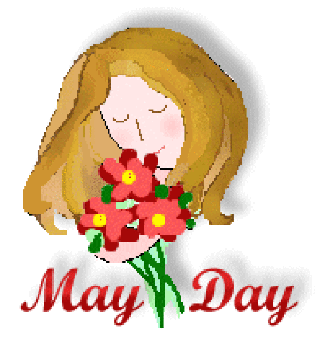 A smiling girl with blonde hair holding a bouquet of red flowers, labeled "May Day".
