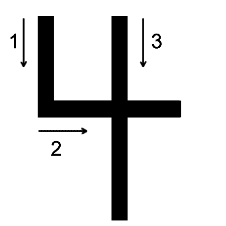 Black geometric shape resembling a stylized '4' with numbered directional arrows indicating movement or flow.