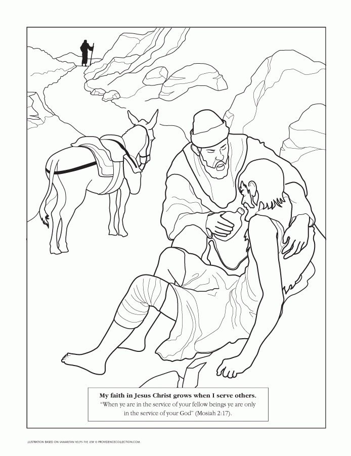 A man tending to an injured traveler beside a donkey, with a distant figure on a hill-illustration of the Good Samaritan parable.