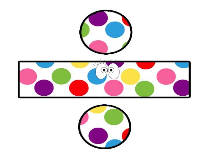 A playful polka-dot design with colorful circles on white, featuring a central rectangle with cartoon eyes and two matching circles above and below.