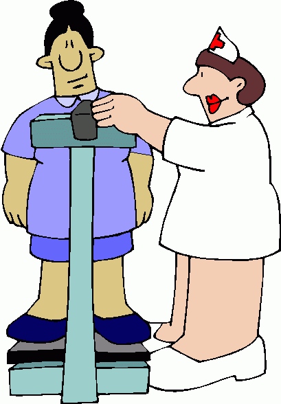 A nurse in a white uniform and cap helps a patient stand on a medical scale for weight measurement.