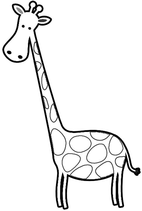 Simple black-and-white line drawing of a cartoon giraffe with spotted pattern and friendly face.