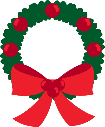 Green Christmas wreath with red berries and a large red bow at the bottom.