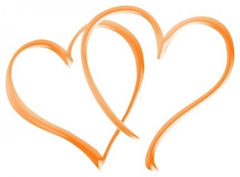 Two overlapping orange heart outlines on a white background, symbolizing love and connection.