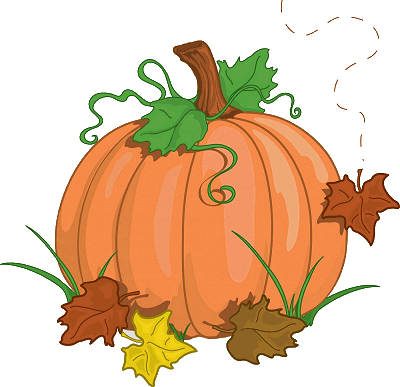 Orange autumn pumpkin with green vine, leaves, and grass, surrounded by fallen maple and oak leaves.