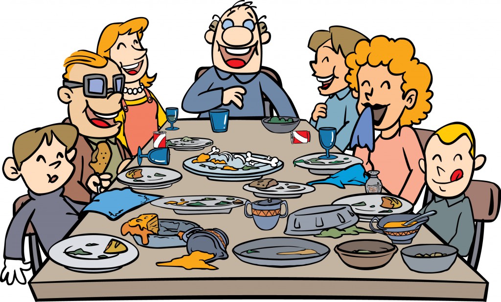 A cheerful cartoon family of seven laughing and eating together at a messy dinner table with plates, bowls, and spilled food.