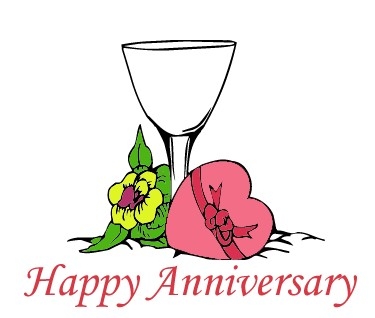 A celebratory illustration featuring a wine glass, yellow flower, pink heart-shaped gift, and "Happy Anniversary" text.
