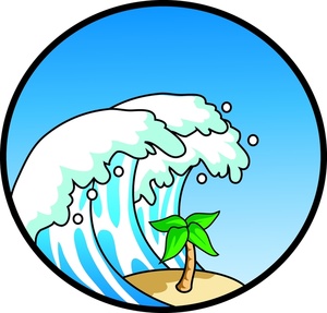 A cartoon-style wave crashing over a small tropical island with a palm tree under a blue sky.