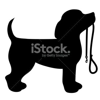 Black silhouette of a dog standing with a leash in its mouth, tail up.