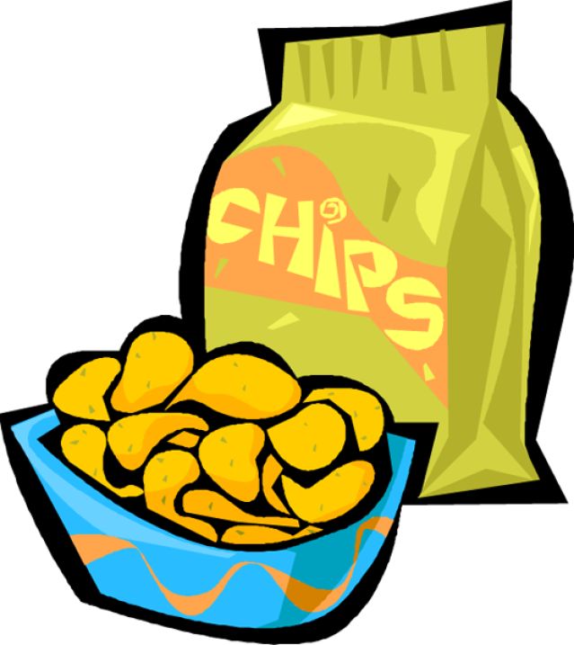 A cartoon-style illustration of a green bag labeled "CHIPS" beside a blue bowl filled with golden potato chips.