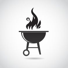 Black silhouette of a charcoal grill with flames rising, on light gray background.