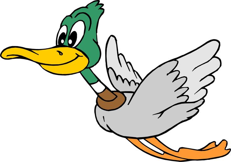 Cartoon mallard duck flying with green head, yellow beak, gray wings, and orange feet.