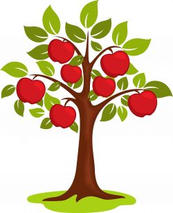 A stylized apple tree with green leaves and red apples on a white background.