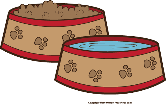 Two illustrated pet bowls-one with kibble, one with water-decorated with paw prints and red trim.