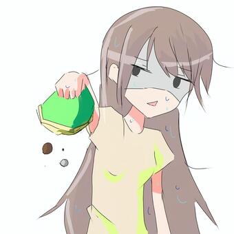 Anime girl with brown hair pouring green liquid from a bottle, splashing droplets mid-air.