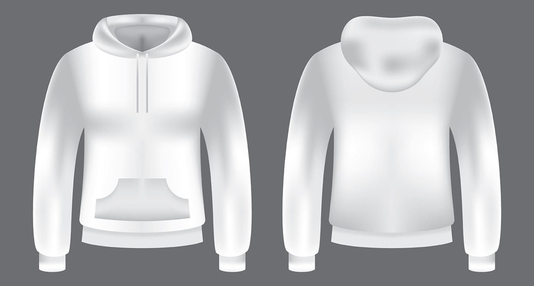White hoodie front and back view on gray background, blank template for design customization.