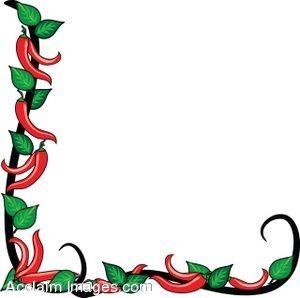 Decorative corner border featuring red chili peppers and green leaves on a white background.