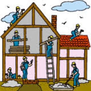Cartoon illustration of six construction workers building a half-timbered house with wooden framing, brickwork, and roof tiling.
