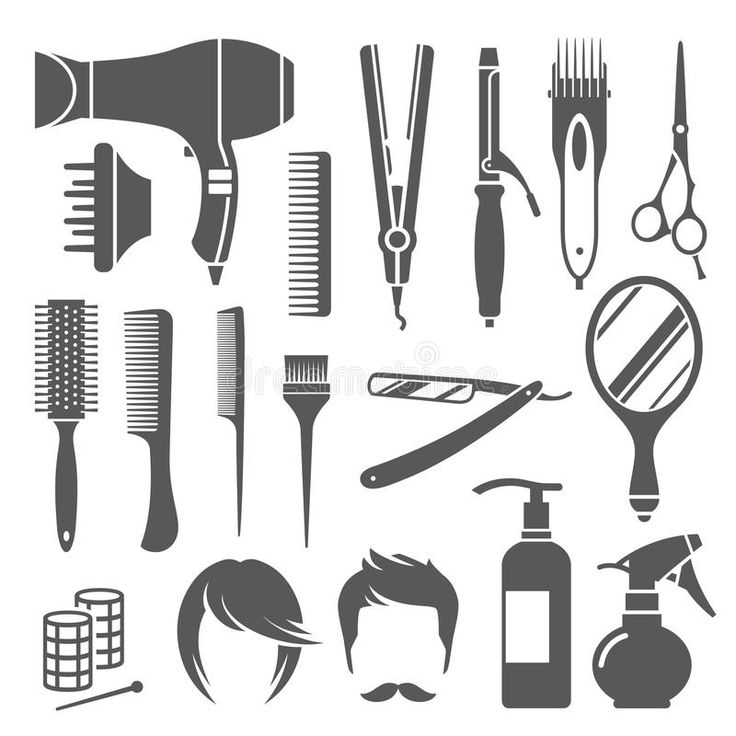 Collection of hairdressing and barber tools including dryer, clippers, scissors, combs, brushes, mirrors, and styling products.