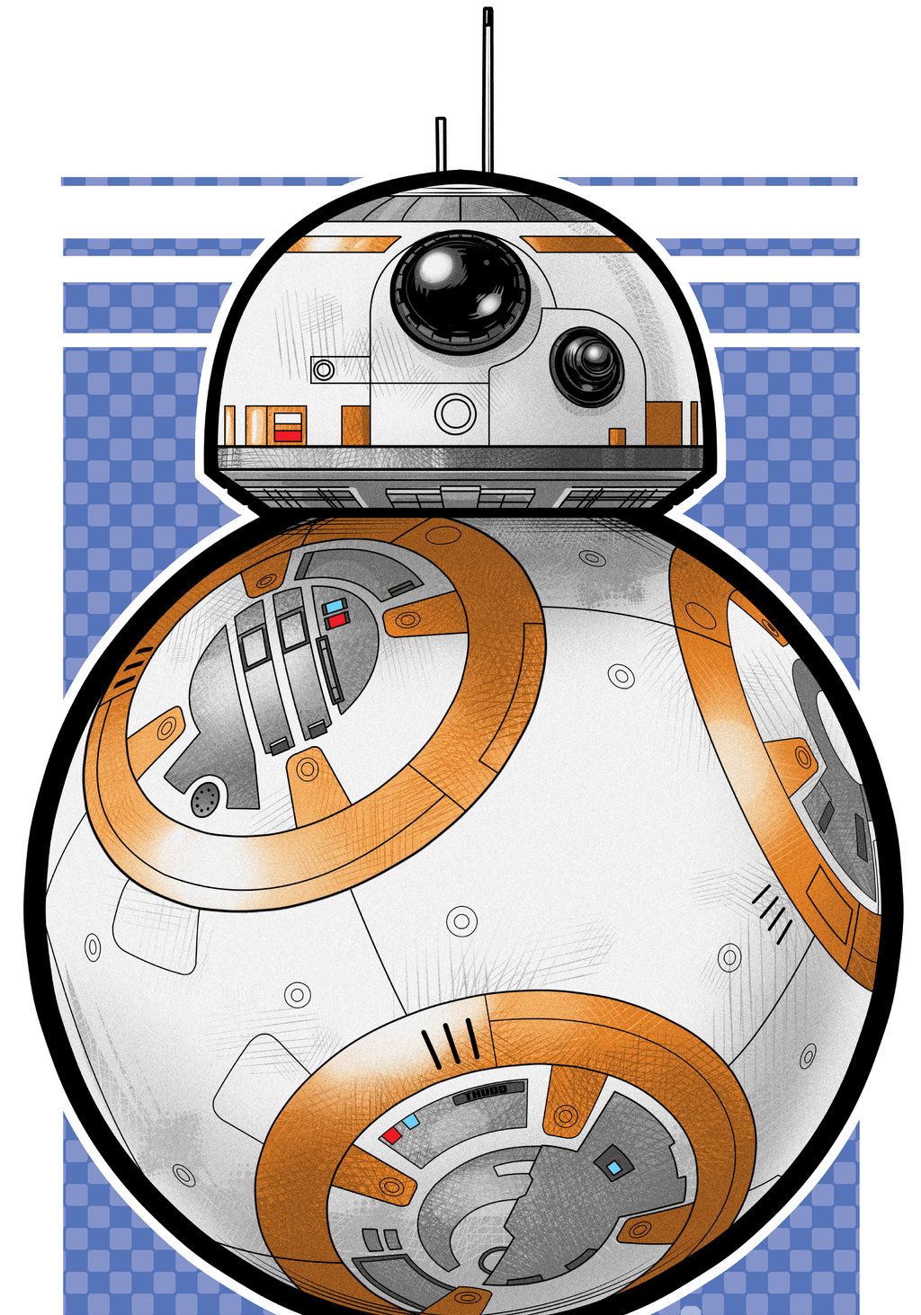 Illustrated BB-8 droid from Star Wars with white and orange plating, black sensor dome, and blue-checkered background.