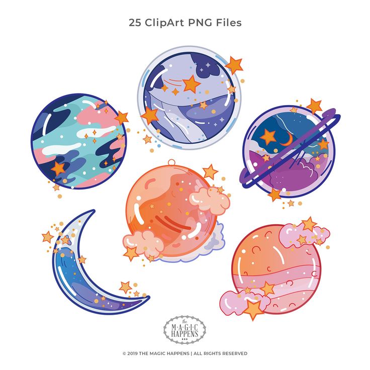 Cute illustrated space-themed clipart set with planets, moon, stars, and clouds in pastel colors; 25 PNG files by The Magic Happens.