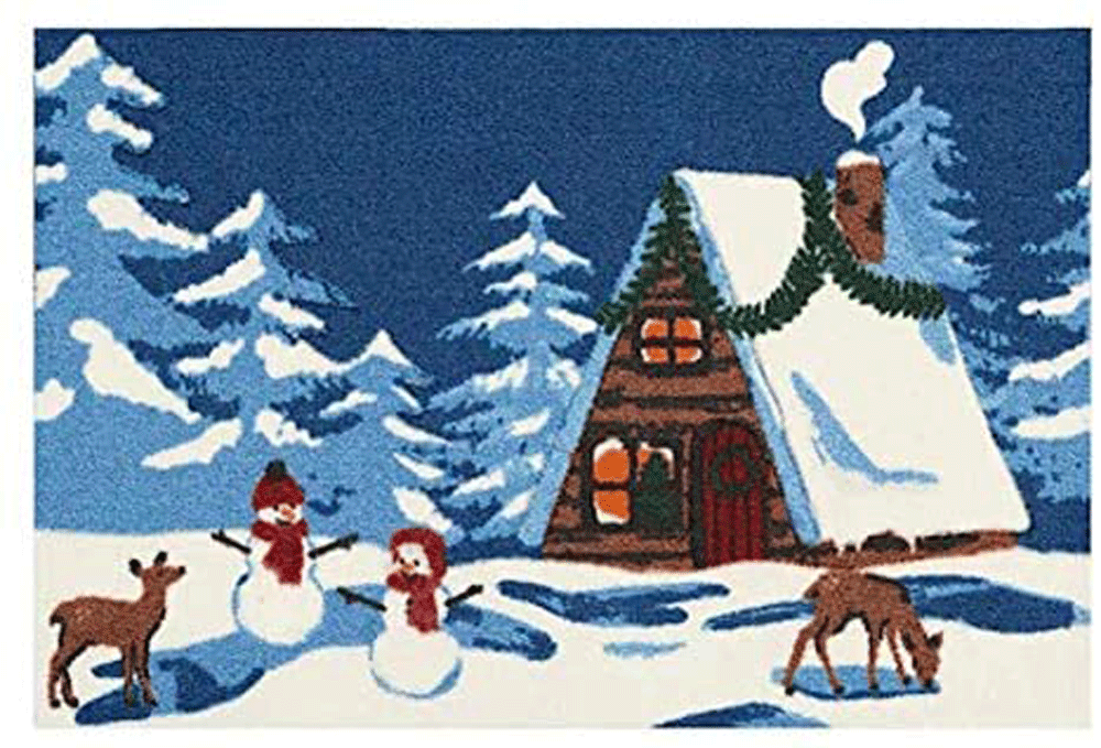Cozy winter scene with snow-covered cabin, two snowmen, deer, and pine trees under a starry night sky.