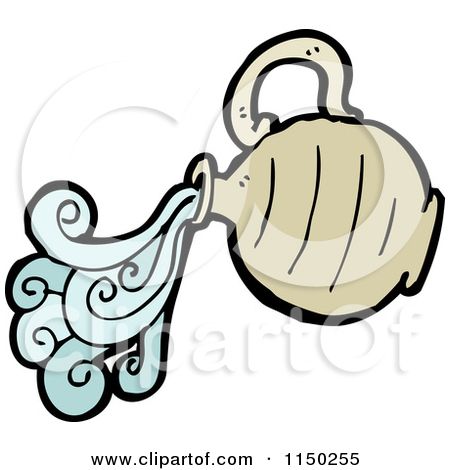 A cartoon-style beige pitcher pouring ornate light-blue water with swirling patterns.