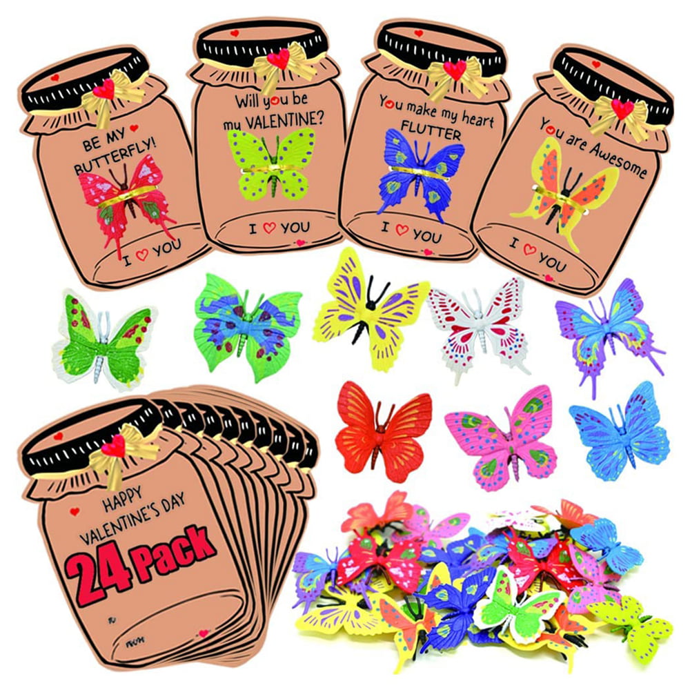 24-pack Valentine’s Day butterfly-themed cards in jar shapes with colorful paper butterflies and heart decorations.