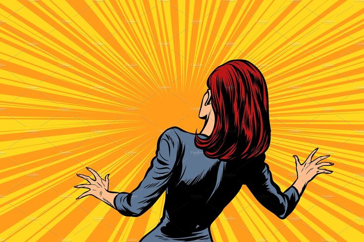 Pop art illustration of a red-haired woman in a blue suit turning toward a radiant yellow burst, hands raised in surprise or excitement.