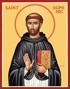 Saint Dominic in traditional Dominican habit, holding a book and blessing with right hand, haloed against golden background.