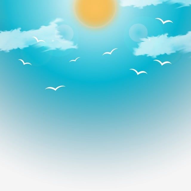 Bright sun, fluffy clouds, and flying birds in a clear blue sky gradient background.