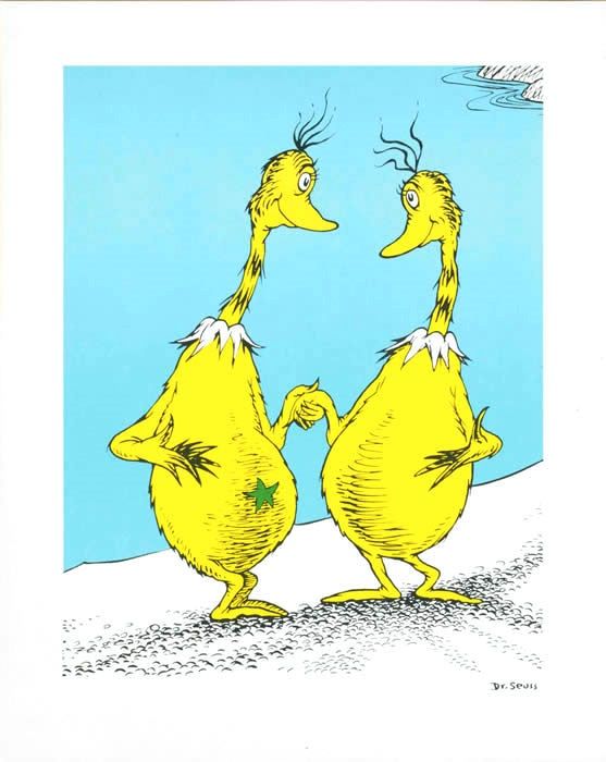 Two yellow Dr. Seuss-style birds with spiky hair stand side by side on a snowy hill, holding hands and gazing at each other.