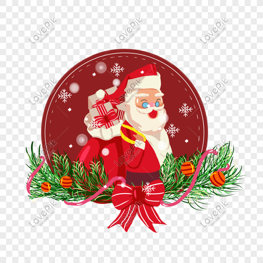 Cheerful Santa Claus holding a gift inside a red circular frame with snowflakes, pine garland, and ornaments.