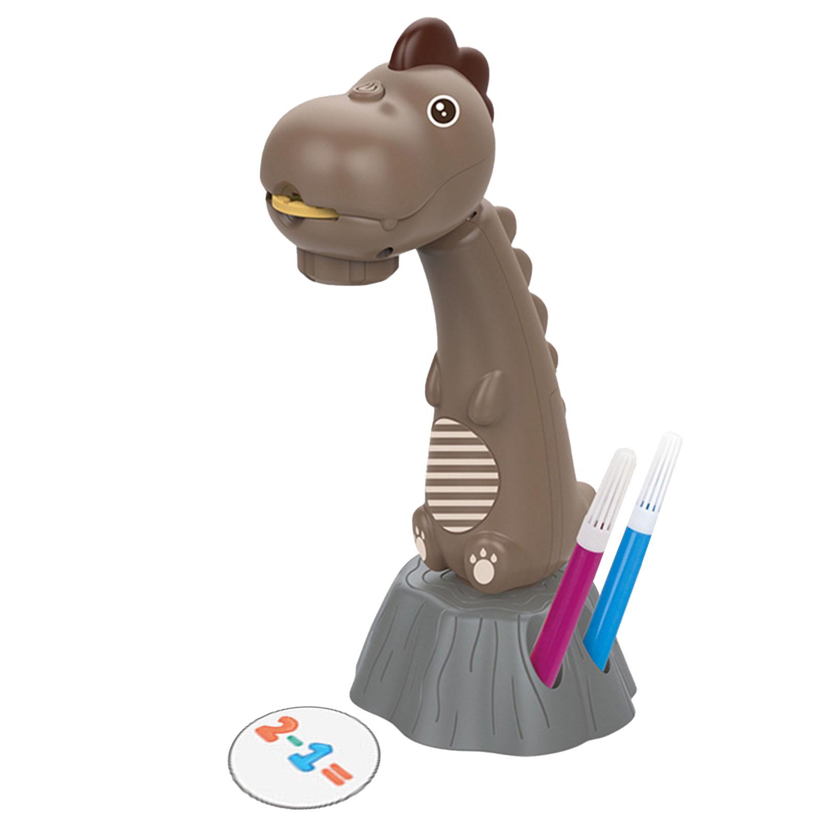 Brown dinosaur-shaped educational toy with pens and math flashcard on stump base