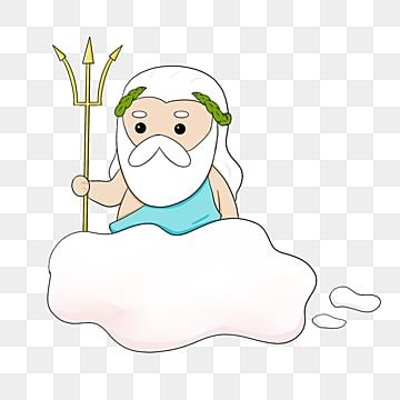 Cartoon-style Zeus with white beard, laurel wreath, and golden trident, seated on a cloud.
