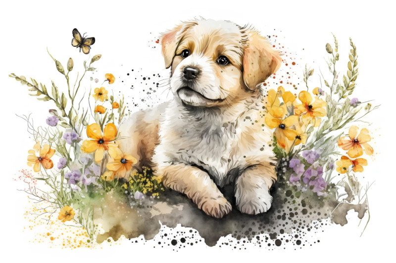 Adorable fluffy puppy sitting among vibrant wildflowers and a butterfly in a watercolor illustration.