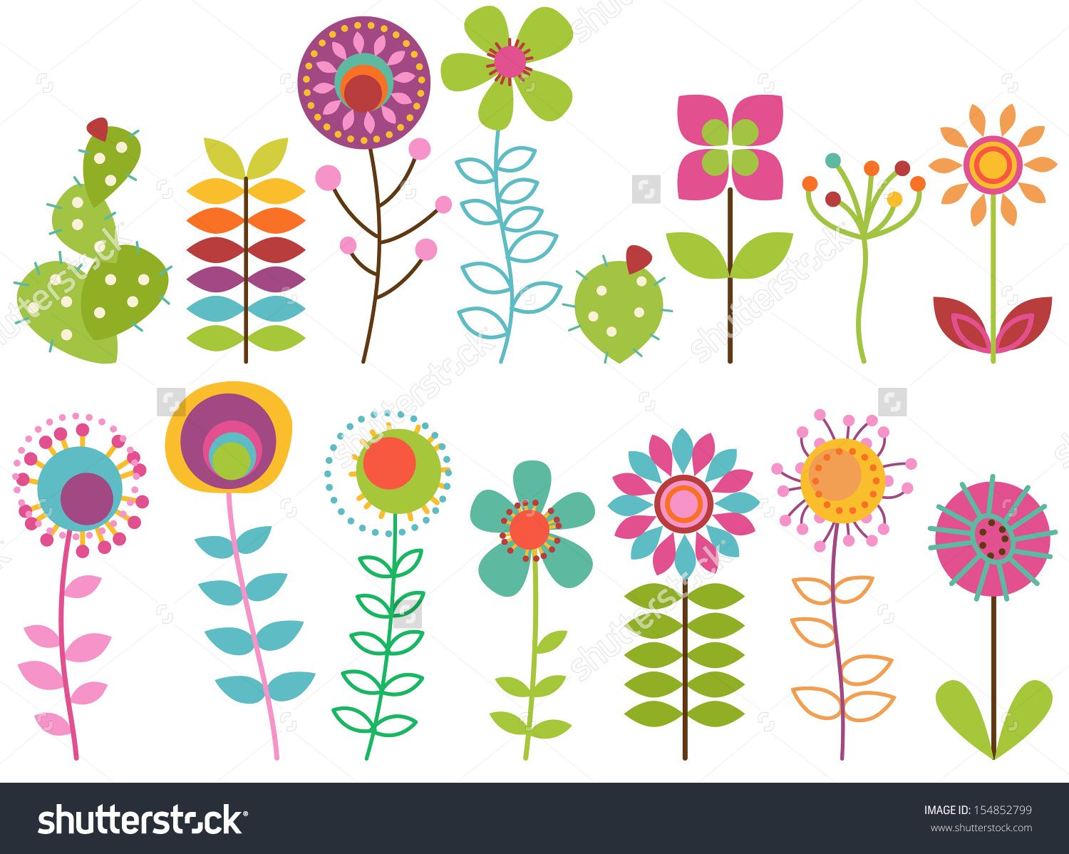 Colorful stylized floral and cactus illustrations in flat vector design with vibrant patterns and playful shapes.
