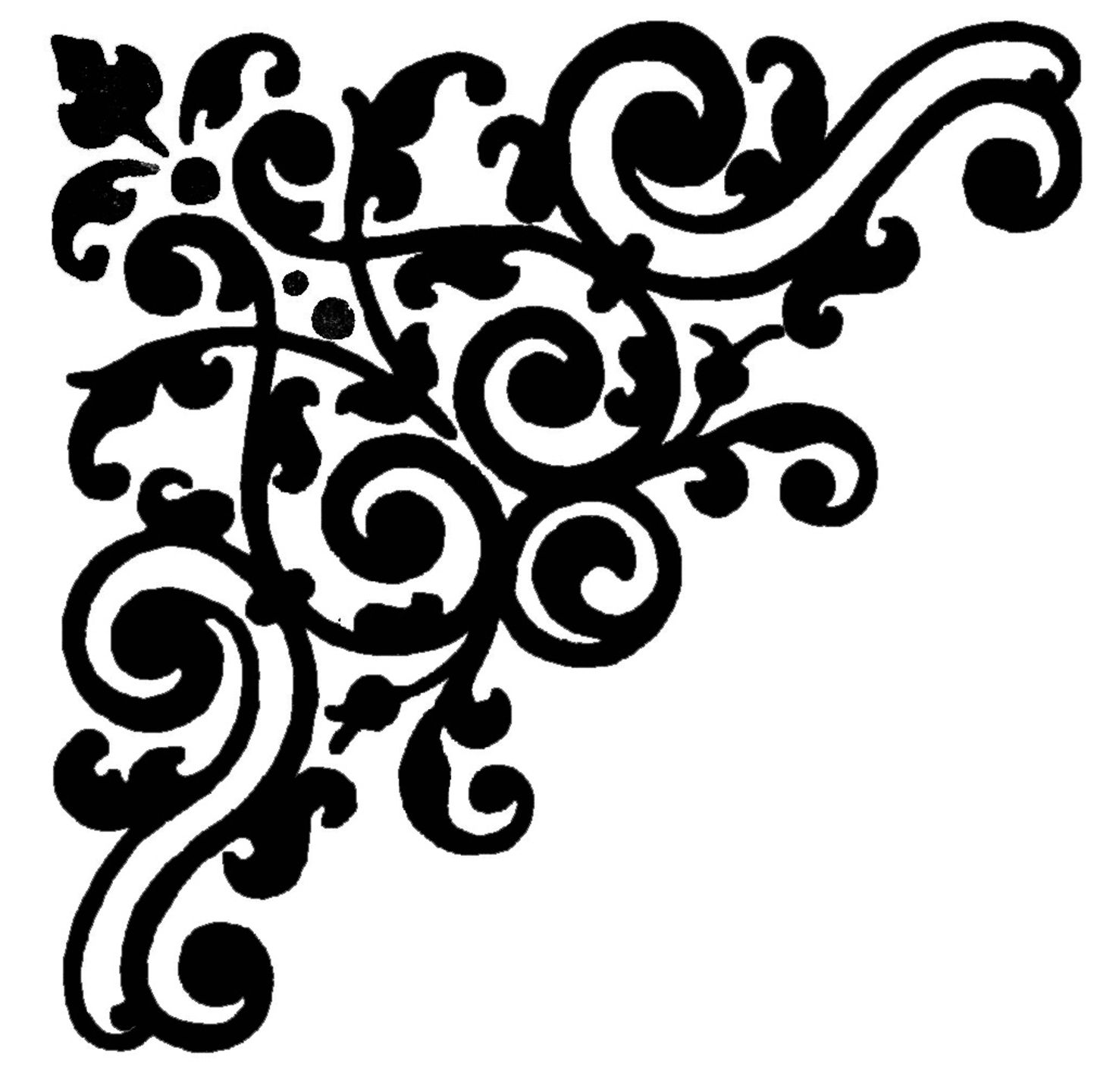 Black ornate floral corner flourish design with swirling vines and leaf motifs on white background.