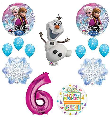 Frozen-themed birthday balloon set featuring Elsa, Anna, Olaf, snowflakes, number 6, and Happy Birthday design.