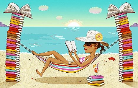 A woman relaxes in a hammock between two towering book stacks shaped like palm trees, reading by the beach at sunset.