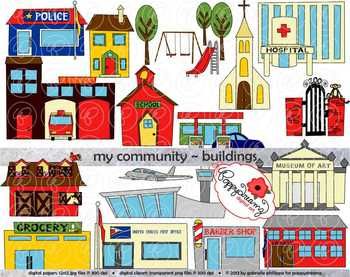 My Community Buildings Clip Art - Educational Illustrations for Kids
