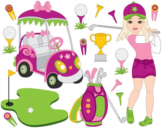 Cartoon-style pink-themed golf set with girl golfer, decorated cart, bag, clubs, trophies, and course elements.