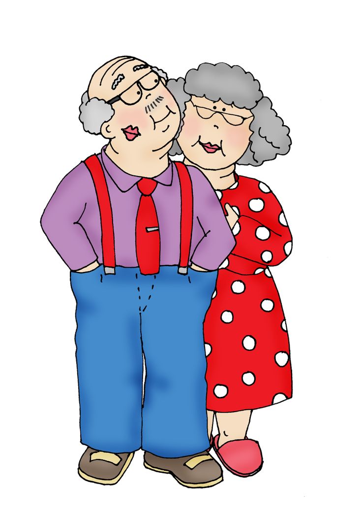Elderly couple smiling warmly; man in purple shirt, red suspenders, blue pants; woman in red polka-dot dress and pink slippers.