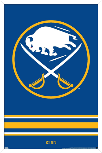 Buffalo Sabres logo featuring a white buffalo above crossed swords in a yellow circle on blue background, with "EST. 1970" below.