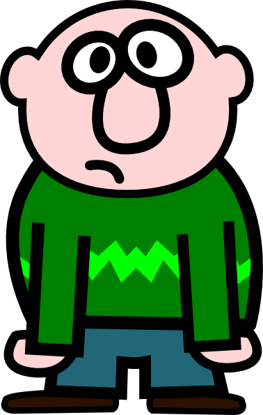Cartoon bald man with large eyes, green sweater, and puzzled expression.