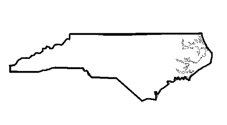 Black-and-white line drawing of the state of North Carolina, showing its distinctive shape and coastal indentations.