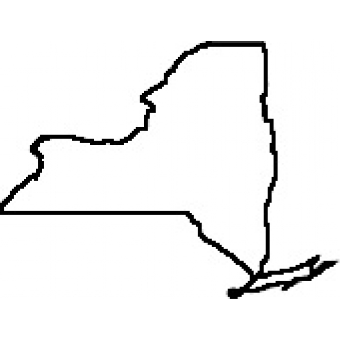 Black-and-white outline map of the U.S. state of New York, including Long Island and the Adirondack region.
